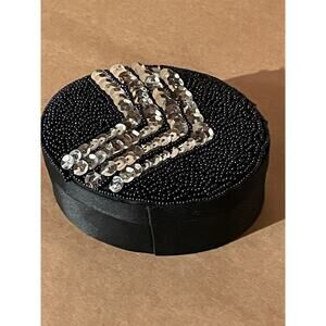 Vintage Oval Beaded Trinket Box Black Red Lining Silver Sequins New Old Stock